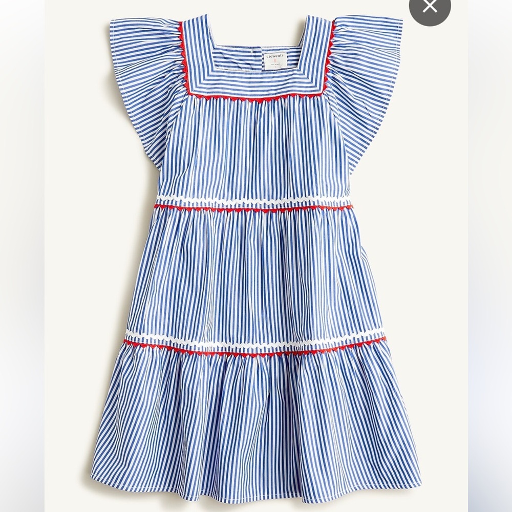 J.Crew Crewcuts Blue & White Striped Flutter-sleeve Sundress Rickrac Trim Size 5
